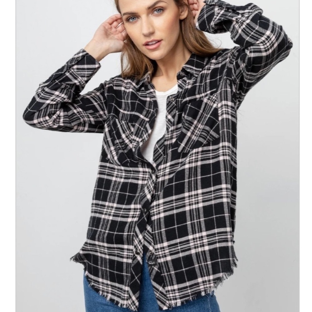 Rails Leo onyx peach flannel snap button raw hem S NWT